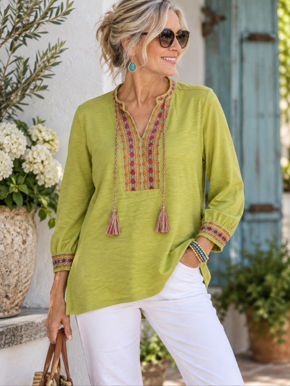 Belle Kim Gravel Embroidered Tassel Tunic Top Green Size L Cotton Modal
